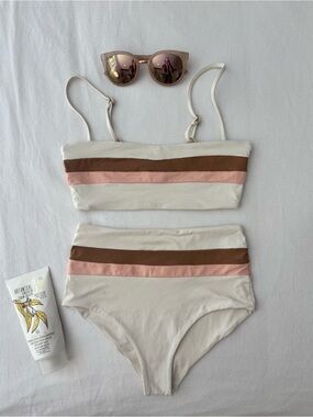 l*space Cream Bikini with Brown and Pink Stripes